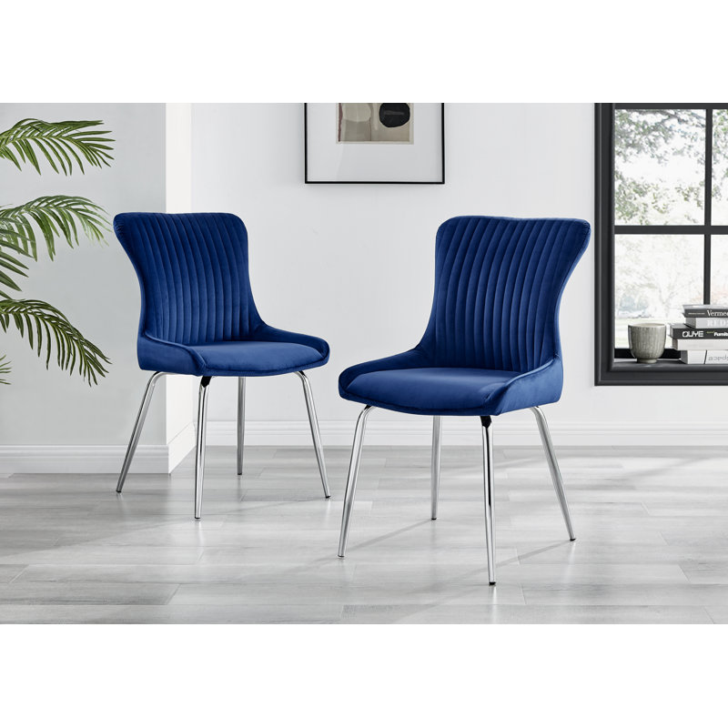 Illman Luxury Velvet Upholstered Dining Chair - Elegant Modern Deco Style, Blue, Silver