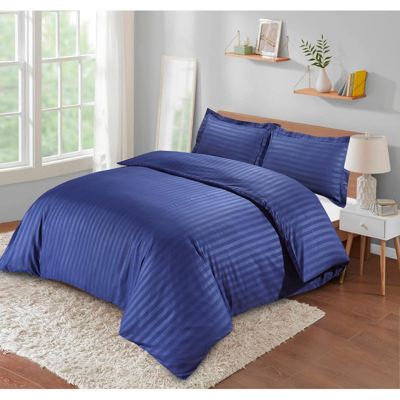 Neacsu Microfiber Striped Duvet Cover Set with Pillowcases, Navy, Single Duvet Cover + 1 Standard Pillowcase