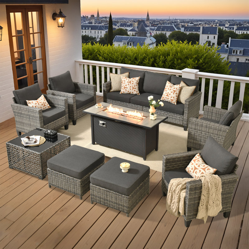 Harbin Wicker/rattan 9- Person Outdoor Seating Group With Ottoman With Fire Pit Table, Black