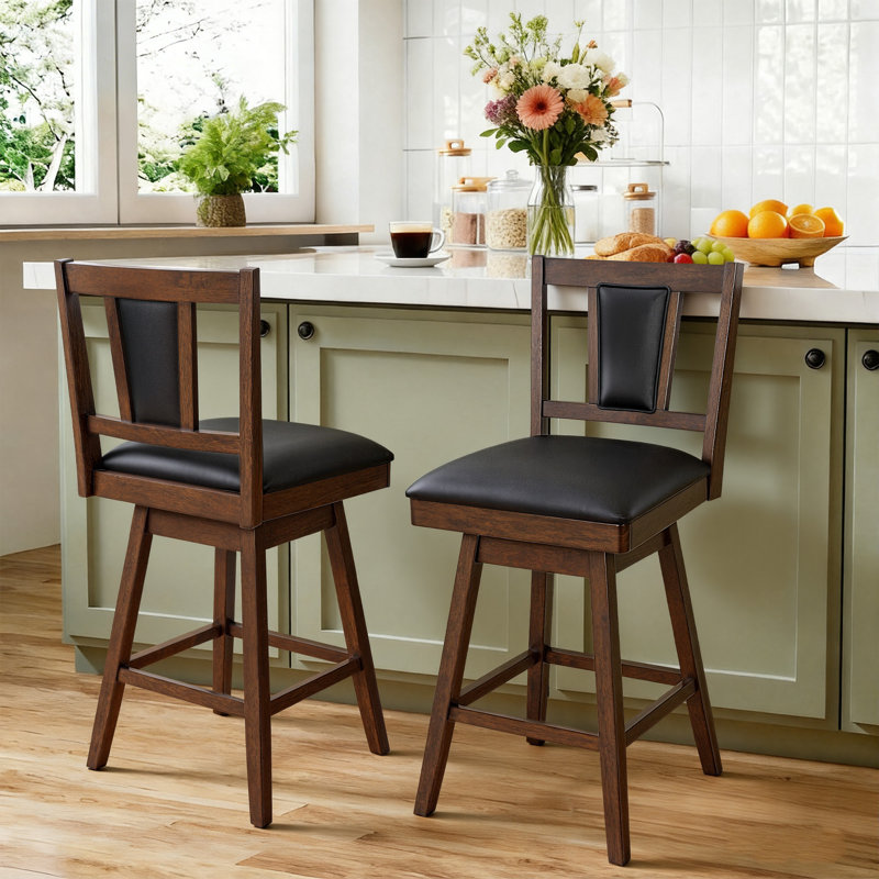 Desouza Transitional Faux Leather 26"H Swivel Counter Stool With Solid Wood Legs, 2