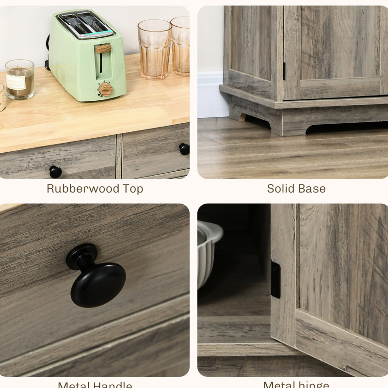 Unité de rangement de cuisine - gris avec comptoir en bois massif, 3 tiroirs, portes, tablette réglable pouvant accueillir divers ustensiles de cuisine comme assiettes, casseroles, poêles, ustensiles, serviettes de table