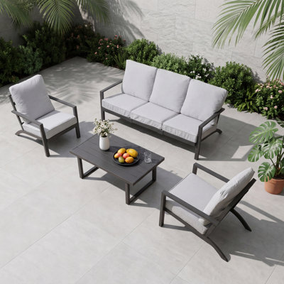 Ensemble de mobilier de patio en aluminium avec table basse à hauteur réglable, ensemble de patio 4 pièces avec coussins épaissis lavables de 5 pouces, canapé modulaire d'extérieur adapté pour les balcons de jardin près de la piscine, gris
