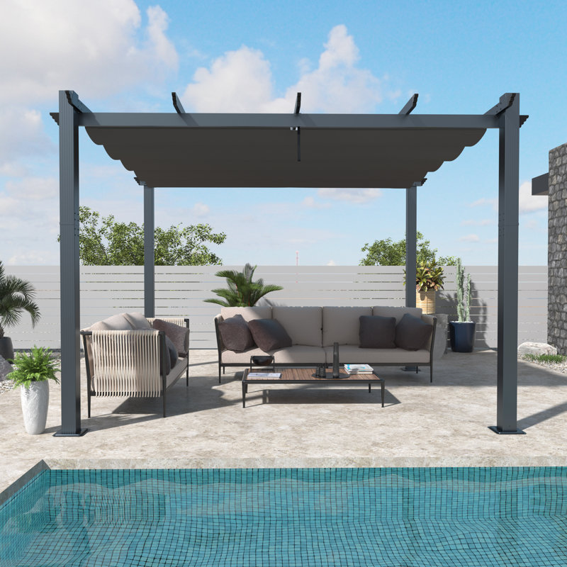 Pergola d'extérieur en aluminium avec auvent Veikous, Gris, L 9,7 pi x P 10,41 po