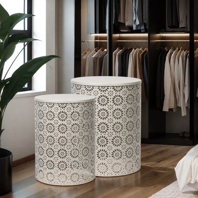 Set Of 2 Hollow-Carved Round Metal End Tables