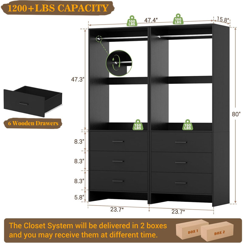 4ft Closet System with Wooden Drawers, Black