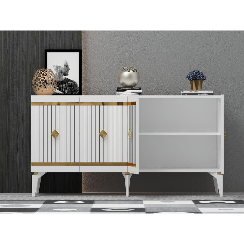 Buffet à 4 portes or / argent avec portes cannelées et garniture de panneau, Blanc / Doré