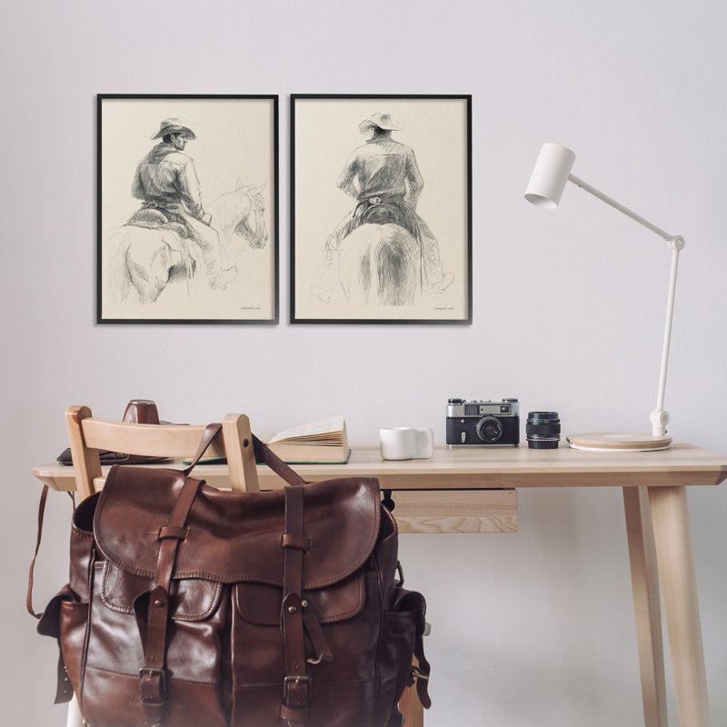  «Cowboy esquissé sur un ensemble de 2» par Danhui Nai, H 20 po x l 16 po, Giclée encadrée noir minuit