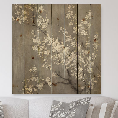 Fleurs de cerisier blanches II - impression traditionnelle sur bois de pin naturel