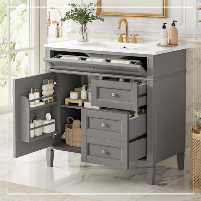 Meuble-lavabo 36 po avec lavabo supérieur, meuble-lavabo moderne avec 2 tiroirs et tiroir escamotable, meuble-lavabo simple