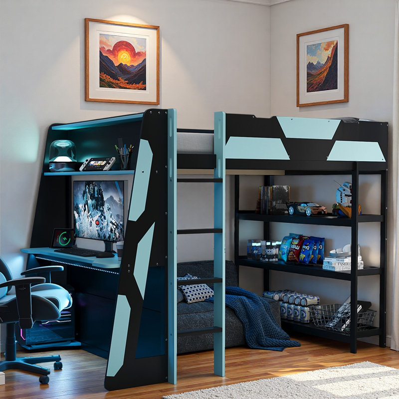 Lit mezzanine avec bureau, tablettes et lumières à DEL Gaming, Bleu