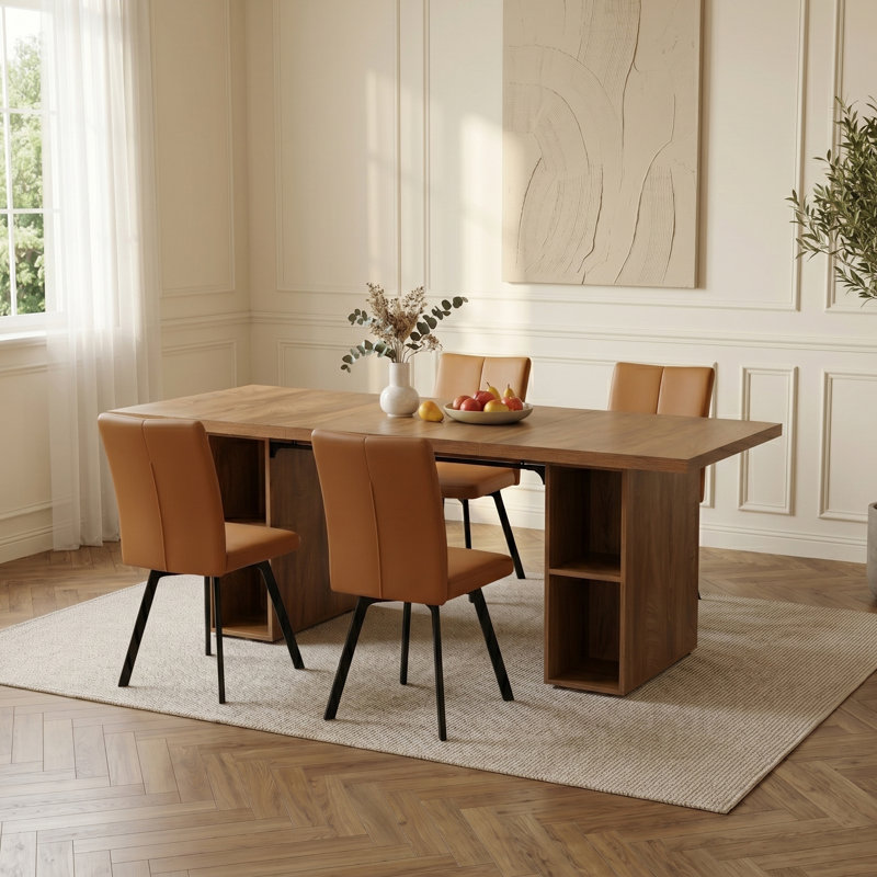 Ensemble de mobilier de salle à manger Mid-Century 4 places, grande table de salle à manger en grain de bois avec compartiments de rangement ouverts