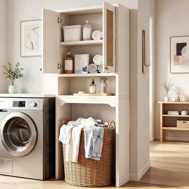 Armoire de salle de bain autoportante avec 2 portes en rotin, White
