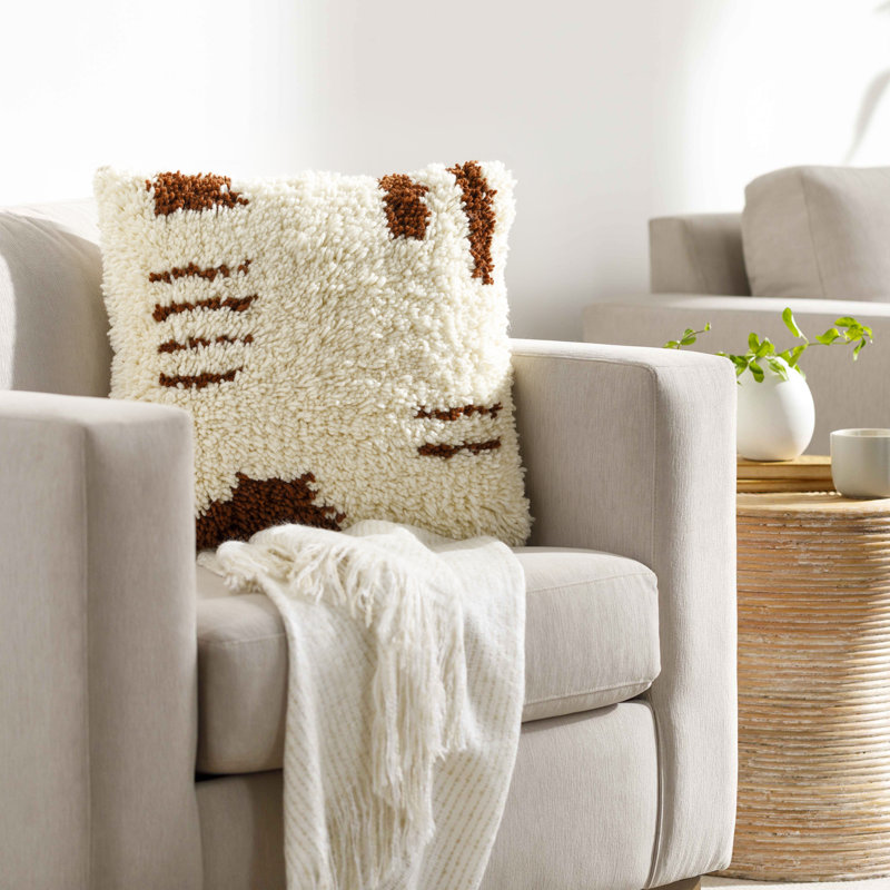 Housse et insert de coussin carré en mélange de laine Umar, Ivoire / brun, Polyester/ Bourre en polyester, 20 po x 20 po
