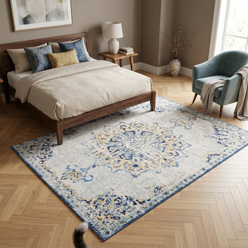 Floranne Oriental Non-Slip Machine Washable Vintage Area Rug in Blue/Yellow/Cream for Living Room, Bedroom, Hallway Runner Indoor Rugs (5'×8')