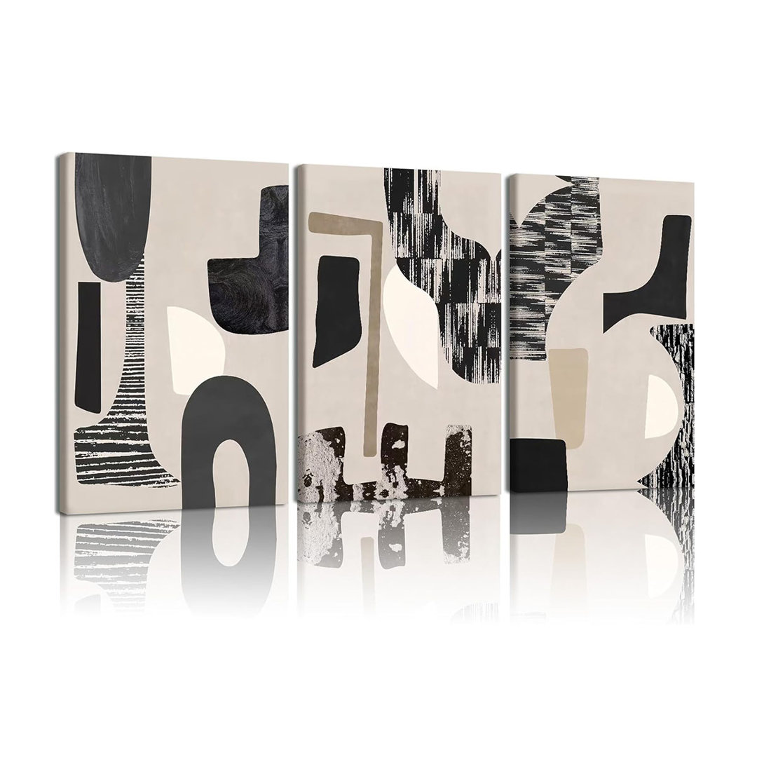 3Pcs Black And Beige Abstract Canvas Wall Art Bohemian Living Room Wall Decor Paintings Modern Geometric Posters Print Neutral Minimalist Artwork Pict