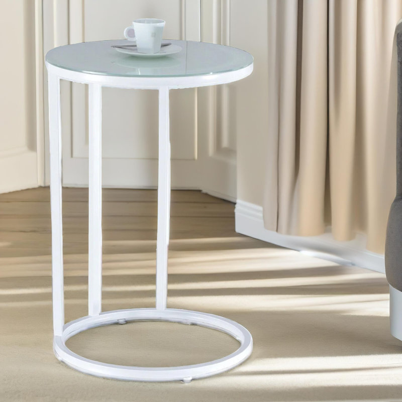 Round C Shaped Side Table with Metal Legs, End Sofa Tables, Living Room Furniture, White