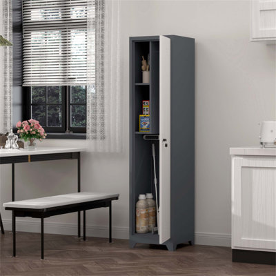 Armoire de rangement 65 po en métal avec crochets et tablettes de 65 po de hauteur - Rangement mince pour fournitures de nettoyage pour salle de bain, garage, buanderie ou salle de sport