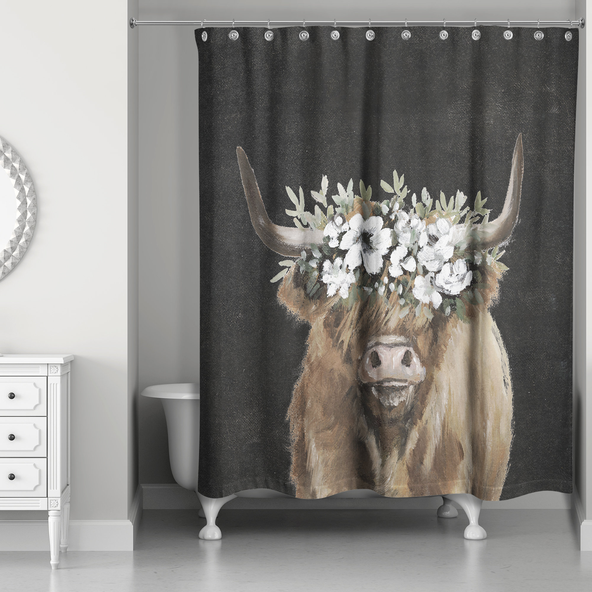 Bungalow Rose Highland Cow Portrait with Flower Crown Shower Curtain ...