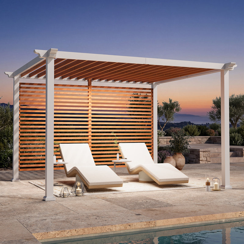 Palisade 10‘ X 12' Steel Frame Outdoor Patio Pegola With Slats Roof And Privacy Panel Screen Wall For Backyard Garden And Deck Party