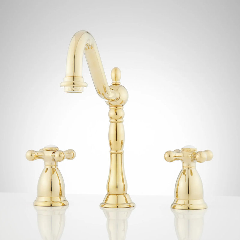 Victorian Widespread Bathroom Faucet with Cross Handles, Polished Brass