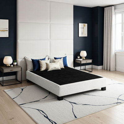 King Upholstered Bed Platform Base In Oatmeal Modern Design 77" Wide 81" Deep 14" High Poplar Frame With Veneers 100% Upholstery - Us Foam No Box Spring Needed And Assembly