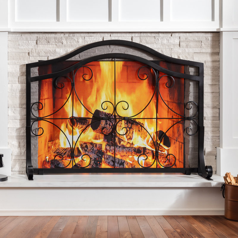 Large Crest Flat Guard Fireplace Screen, 33" H x 44" W x 13" D, Black