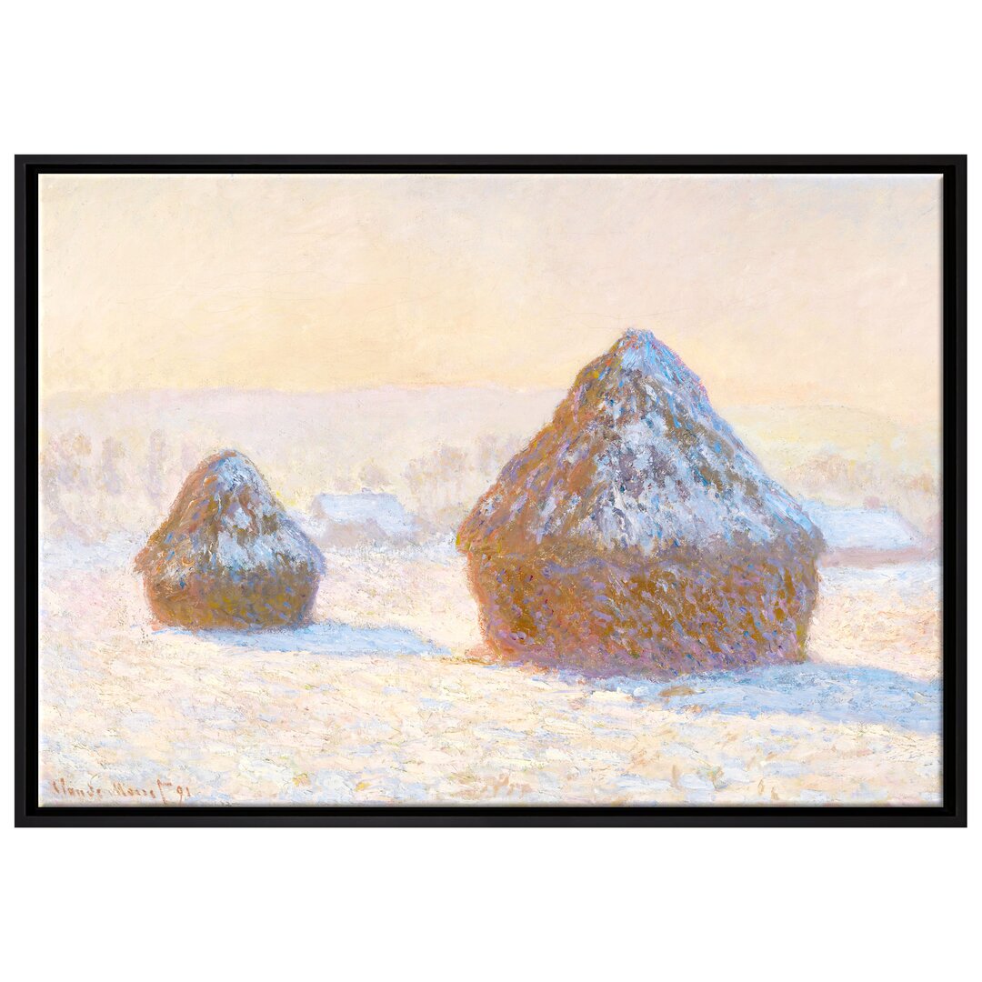 Gerahmtes Leinwandbild Heuhaufen im morgendlichen Schnee-Effekt von Claude Monet