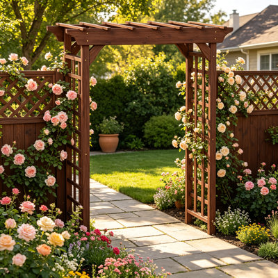 Solid Fir Wood Garden Arbor, Flat‑Top Wooden Trellis Arbor with Lattice Panels for Climbing Plants, Outdoor Backyard Walkway Entrance for Wedding & Holiday Decor