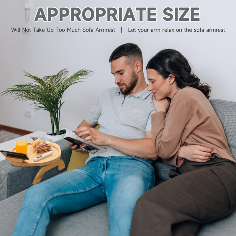 Couch Arm Tray Table,Bamboo Sofa Side Tables Clip-On Couch With 360° Phone Holder,Foldable Sofa Armrest Tray For Eating,Drink, Snacks, Coffee, TV,Remote
