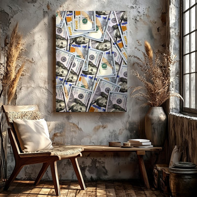 100 Dollar Bills Money Blue Notes Cash Collage Home Canvas Wall Art Print, Blue Accent Home Decor For Living Room Bedroom Office Hallway Gallery Wall Accent, Modern Home Decor