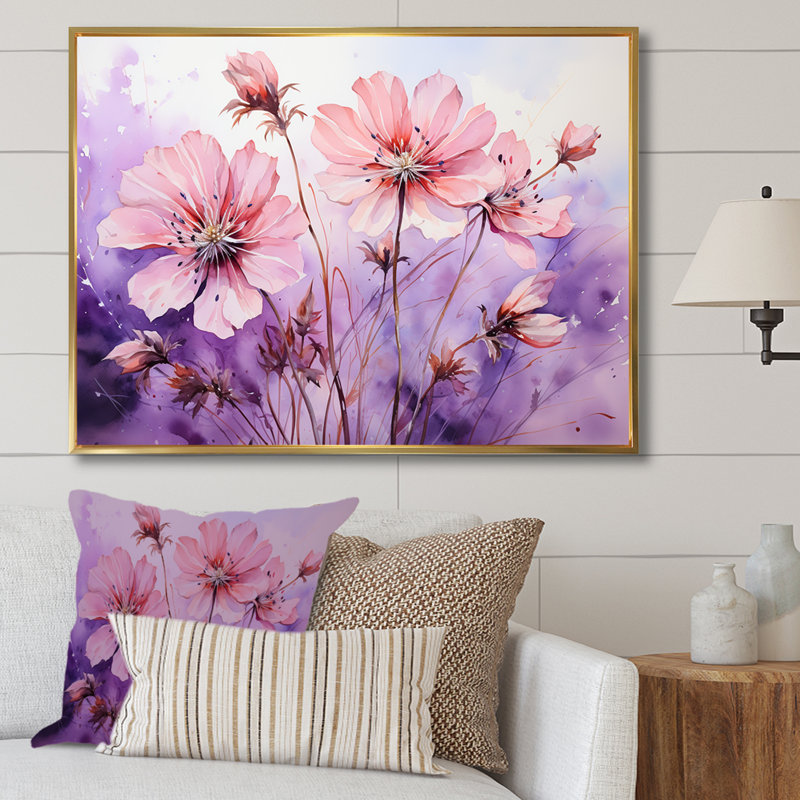 Mauve et rose coquelicots I - coquelicots, art mural, Cadre flottant doré, H 24 po x l 32 po x P 1 po