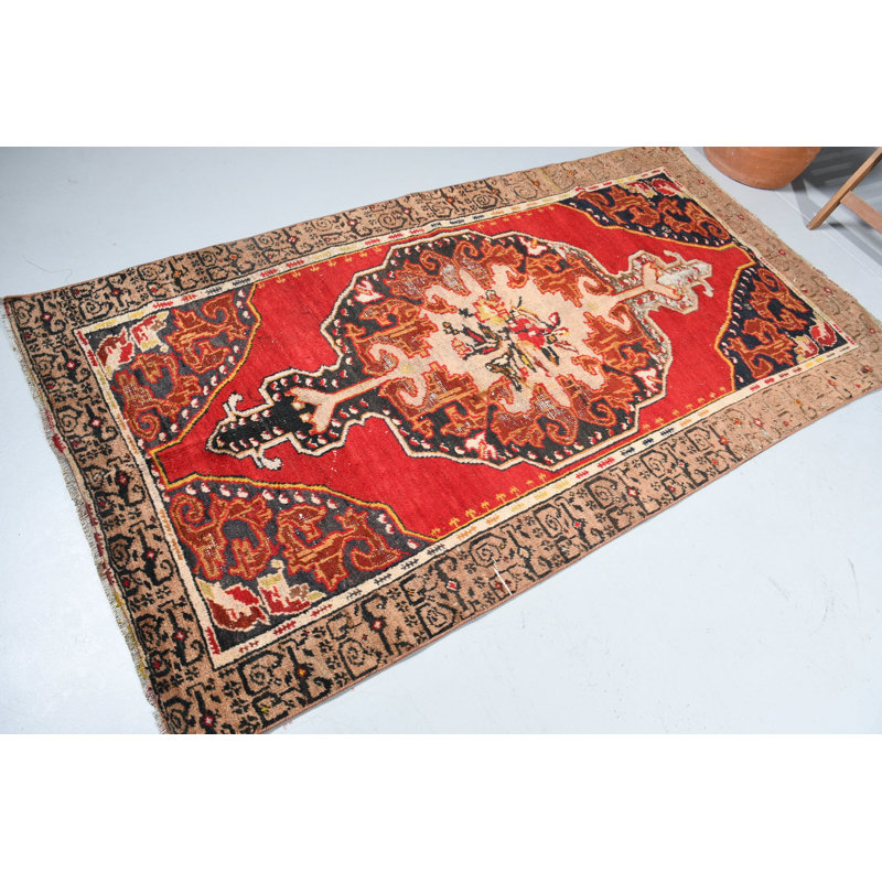 Tapis turc rouge en laine tissé à la main à motif traditionnel bohémien