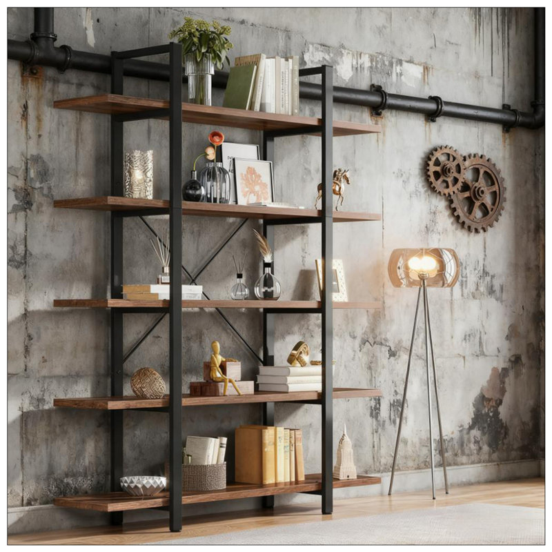 Bibliothèque rustique à 5 niveaux avec très grand espace de rangement et de présentation, structure en acier durable et bois d'ingénierie de classe E1.