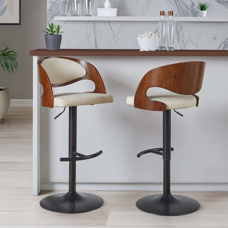 Tabouret de bar pivotant à hauteur réglable avec siège rembourré ergonomique, repose-pieds rond en T et structure bi-matière pour un comptoir ou un bar.