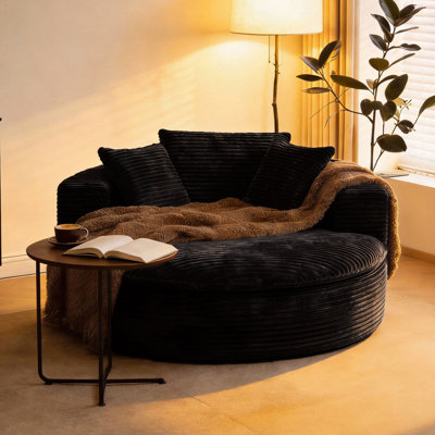 59" Oversized Round Chaise Lounge Chair & Sleeper Sofa Bed | Modern Corduroy Upholstery with Foam Cushioning, No Assembly Required, Suitable for Bedroom, Cozy Round Couch for Small Spaces, Fabric with Memory Foam, Pillow-Back Style