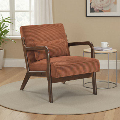 Cadence 23" Mid-Century Modern Accent Chair with Solid Rubber Wood Frame, Corduroy Fabric & Matching Lumbar Pillow