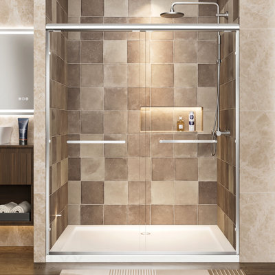 Aluminum Frame Material Double Sliding Opening Shower Door - 1/4" (6Mm) Clear Tempered Glass With Explosion-Proof Film, Dual Stainless Steel Handles