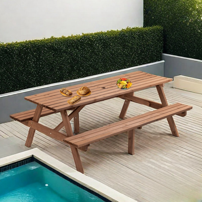 Table de pique-nique en bois pour 8 personnes avec 2 sièges et trou pour parasol