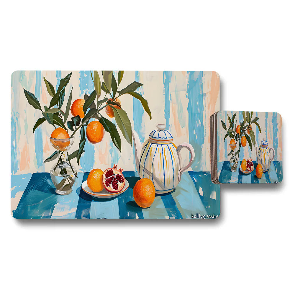 Placemat And Coaster Set With Orange Still Life Artwork