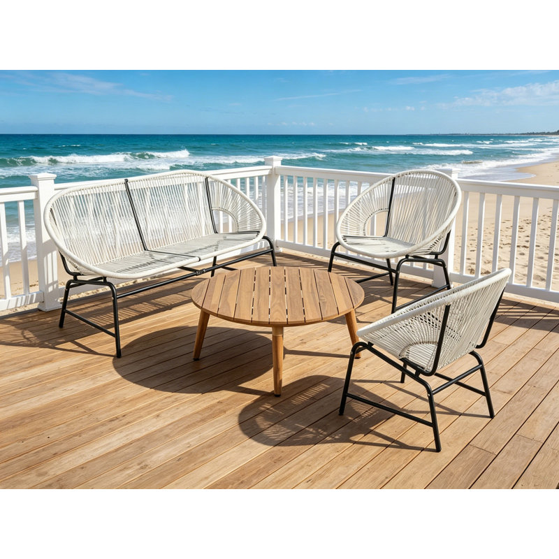 Ensemble de conversation en rotin blanc 4 pièces avec table en bois d'acacia - causeuse + 2 chaises + table basse carrée pour patio / terrasse / jardin