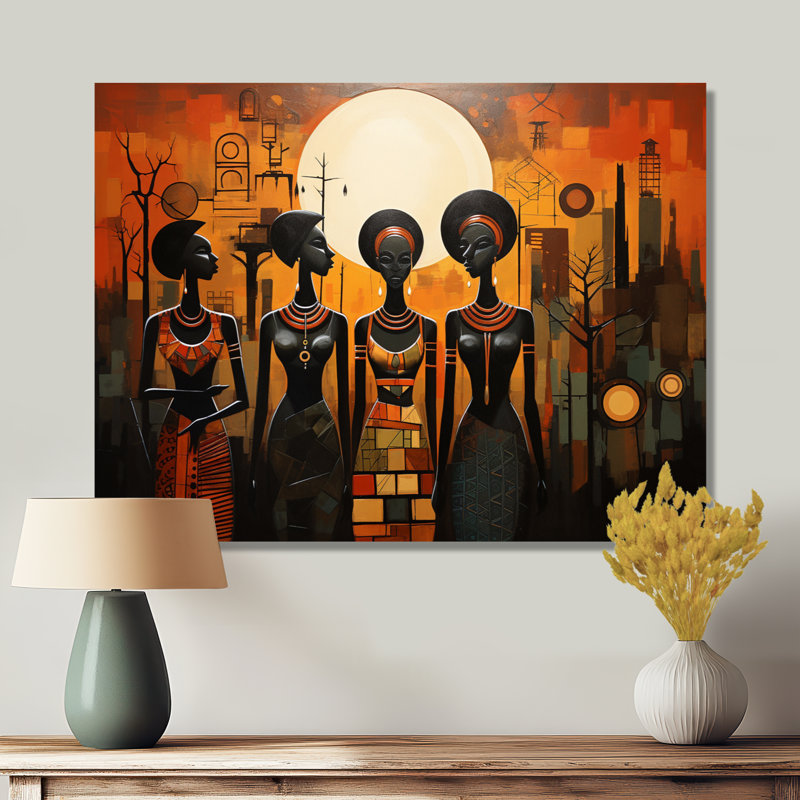 Quatre dames tribales de style africain - Tribal africain, art mural, Toile tendue, H 24 po x l 32 po x P 1 po