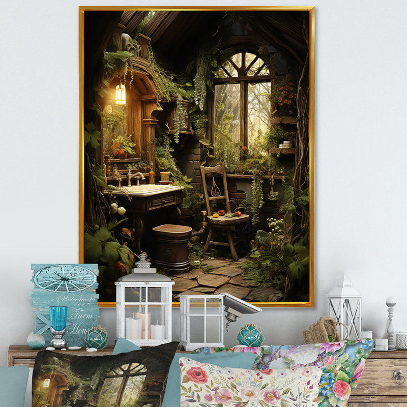 Holborne Bathroom Rustic Woodland Retreat IV - Art mural de salle de bain, Cadre flottant doré, H 20 po x l 12 po x P 1 po