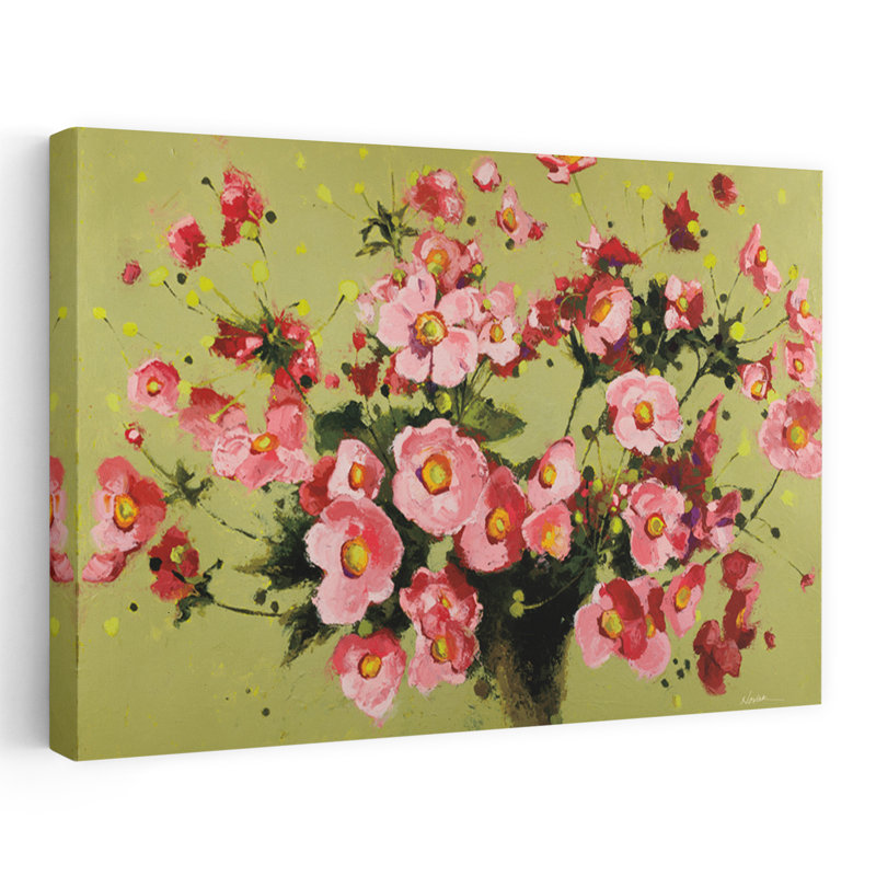 Anémones roses, bouquet de fleurs contemporain vert, H 24 po x l 16 po