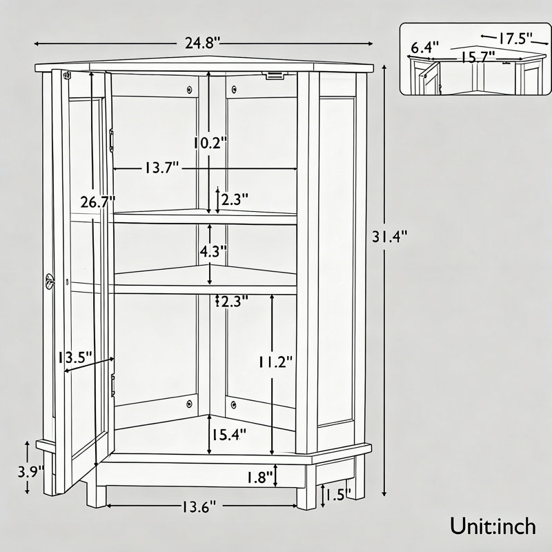 Armoire de salle de bain d'angle avec tablette réglable, Gris