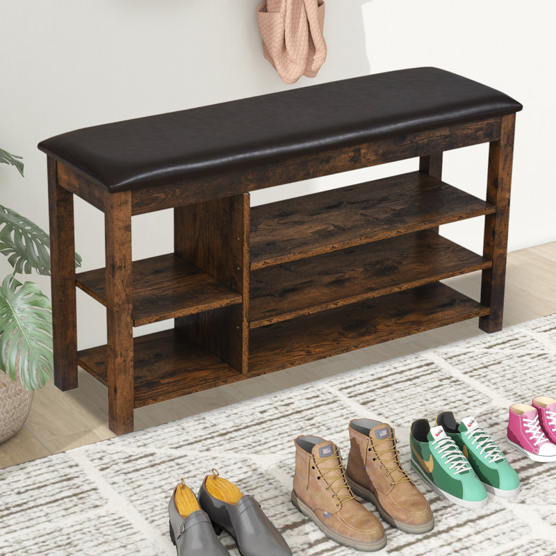 Solid Wood Shoe Bench,wood Storage Rack Organizer With High Rebound Sponge Cushion And Hidden Storage, Vintage