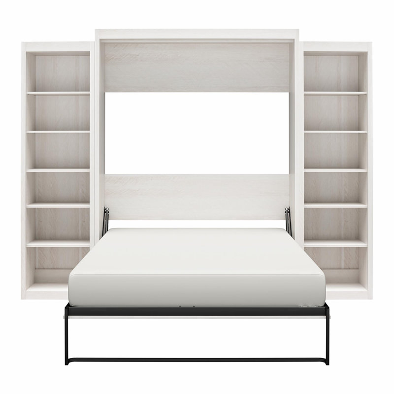 Wexford Murphy Bed with Side Storage Bookcases, Queen, Ivory Oak