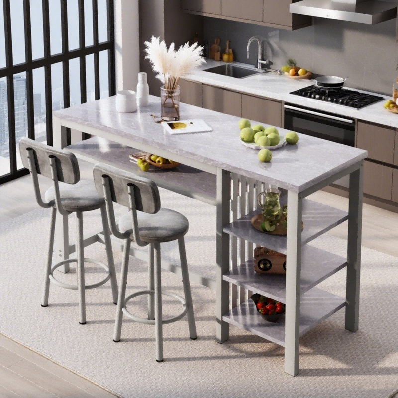 Bar Table Set For 2 With 4 Storage Shelves, 47" Industrial Breakfast Table And 2 Upholstered Counter Stools with Backrest & Footrest, Space Saving 3-Piece Dining Set of 2 for Kitchen, Living Room, Studio, Pub
