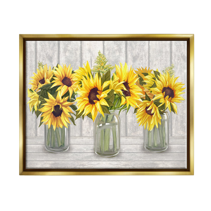 Three Sunflower Bouquets Country Planks Still Life - peinture sur toile, H 17 po x l 21 po x P 1,7 po