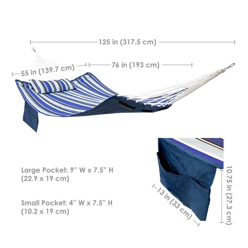 Blue and White Quilted Double Hammock with Metal Spreader Bars