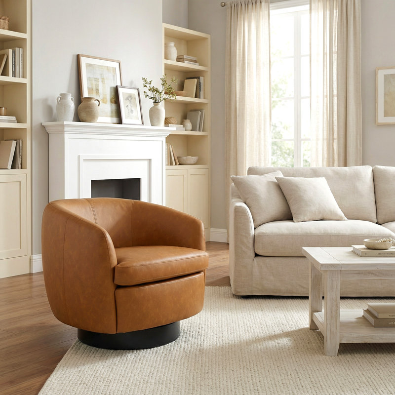 Fauteuil demi-tonneau pivotant rembourré en similicuir brun clair avec base en bois massif, Marron clair